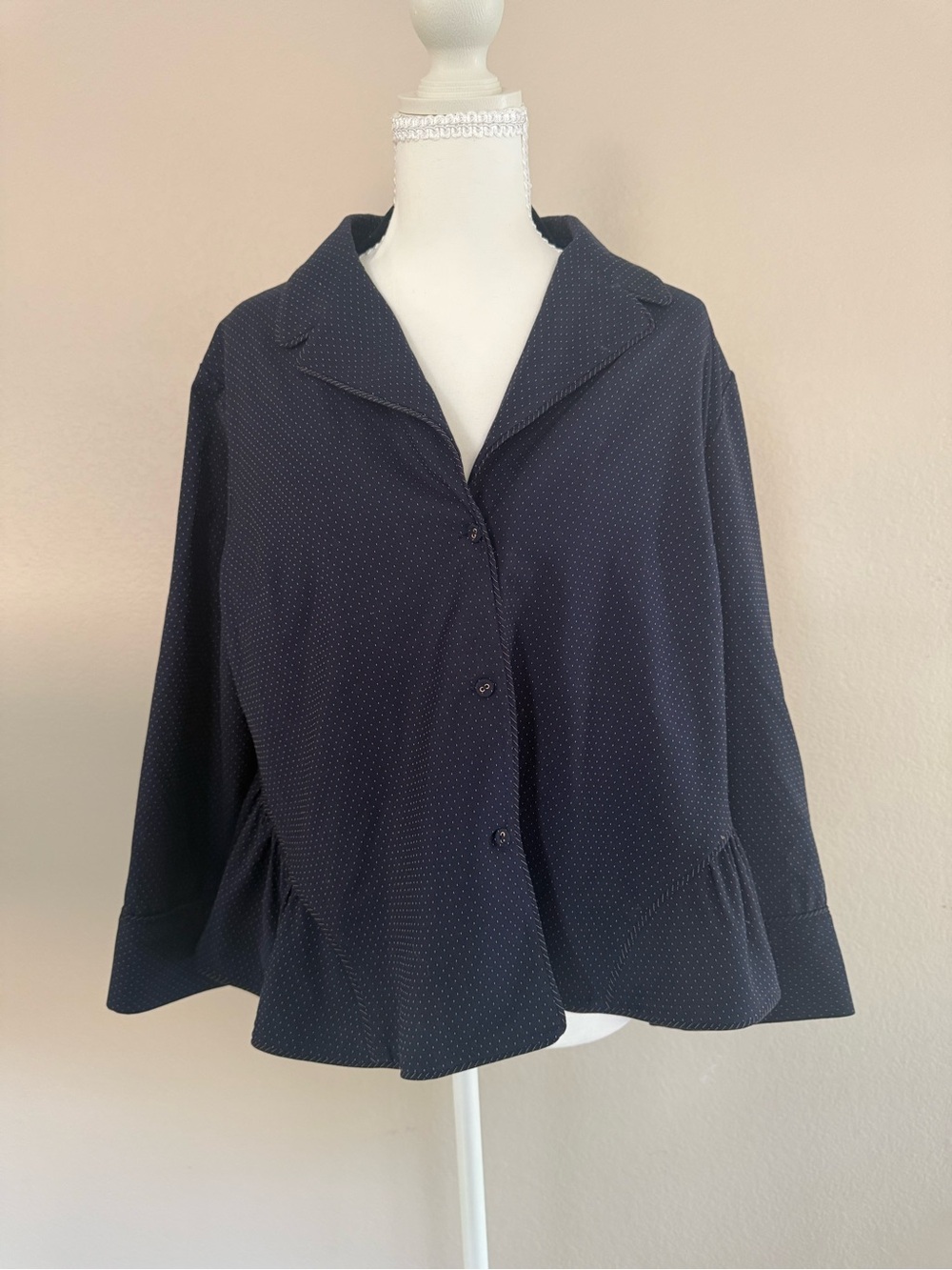 BCBGMaxAzria Navy Pinstripe and Microdot Jacket